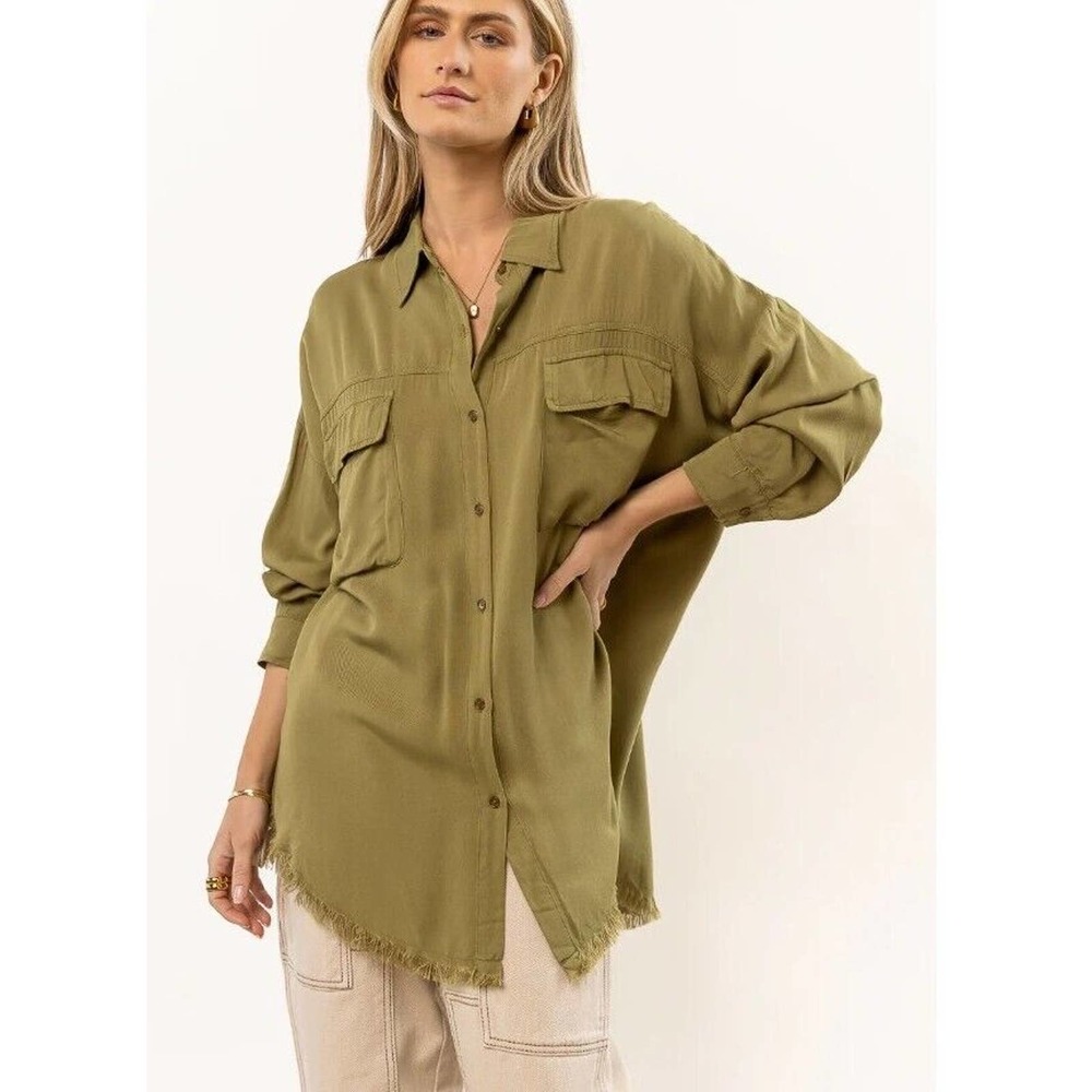 Bohme Green Khaki Marc Button‎ Top Shirt Blouse Utility size S/ M Oversized